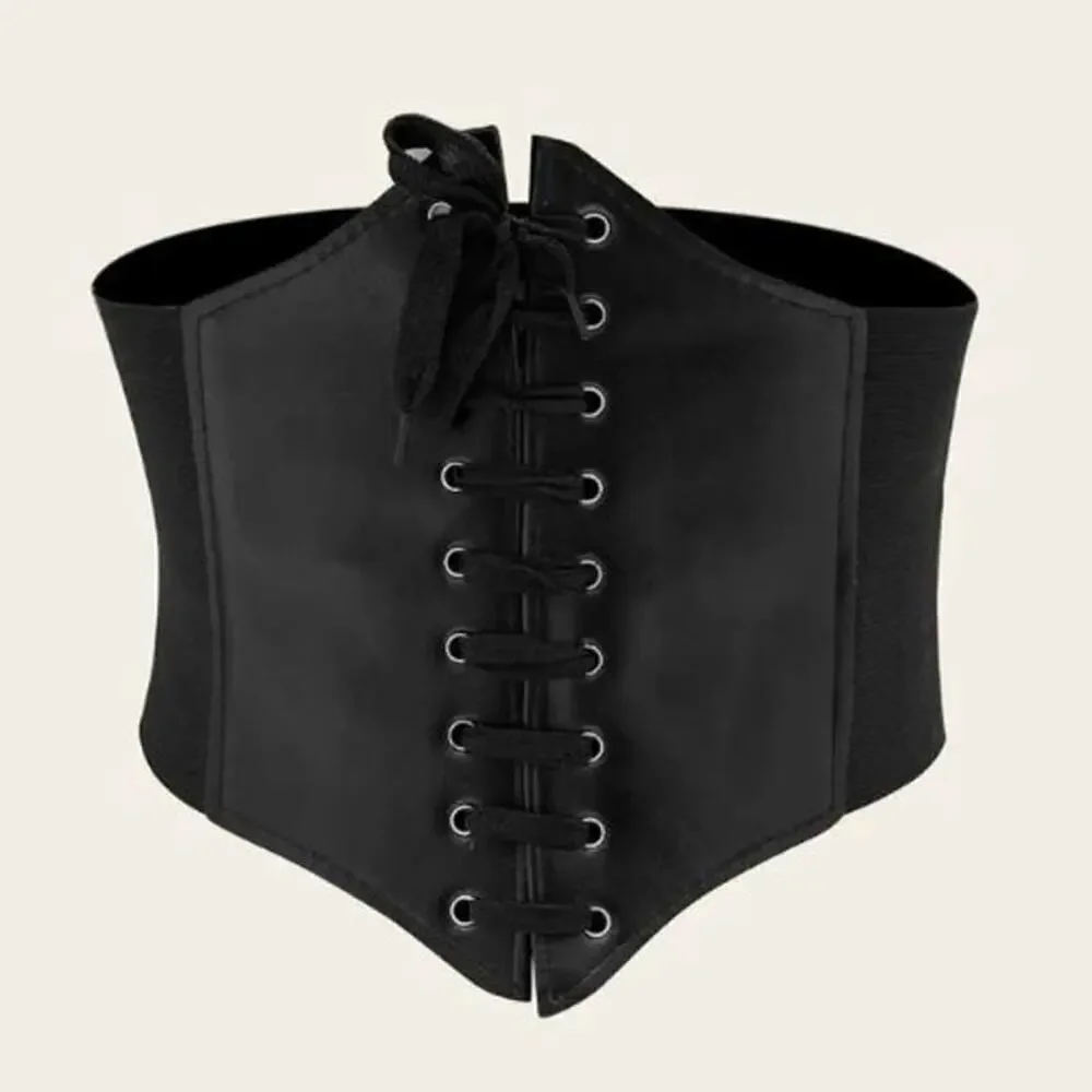 2/$30 NEW Faux Vegan Leather Lace Up Corset Belt Elastic Black (Up to Size L)